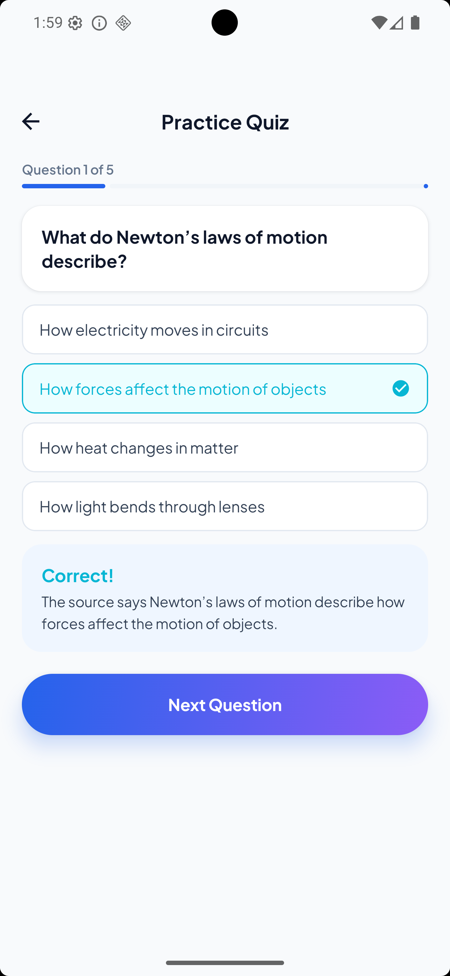 LearnSnap AI practice quiz screen with a multiple-choice question and instant feedback