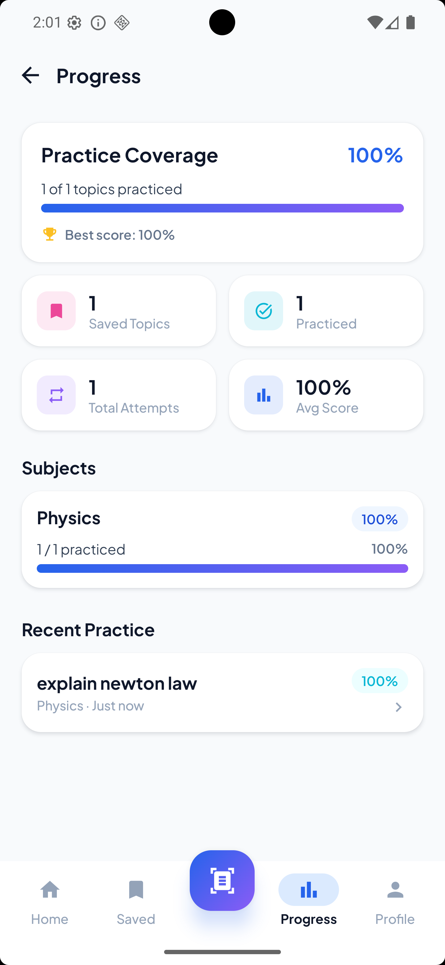 LearnSnap AI progress screen showing scores, coverage, and streak