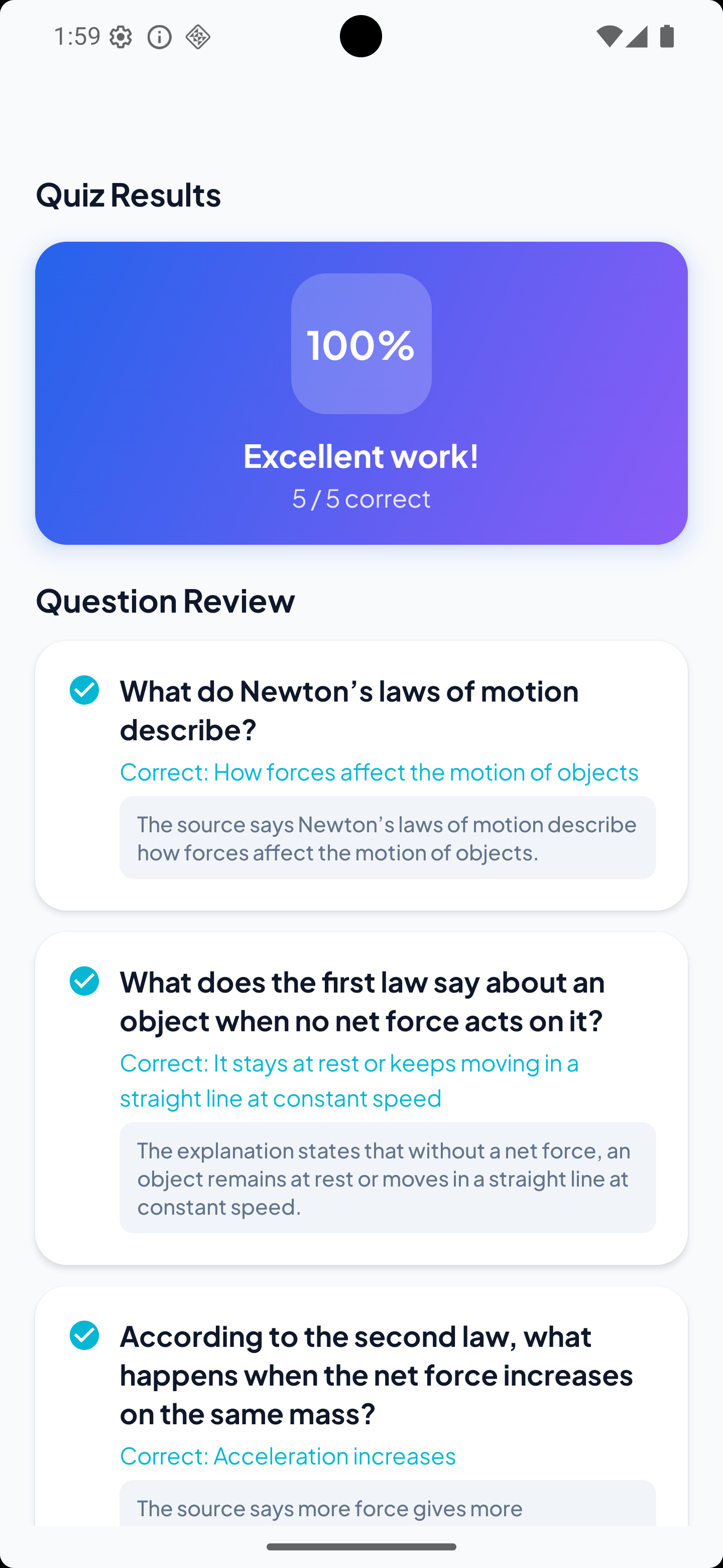 LearnSnap AI quiz results screen showing score and answer review