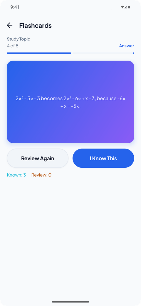 LearnSnap AI flashcard screen with a study flashcard and Review Again or I Know This buttons
