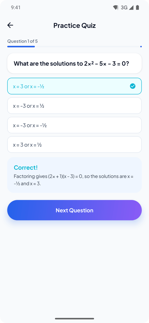 LearnSnap AI practice quiz screen with a multiple-choice question, a selected answer, and instant correct-answer feedback