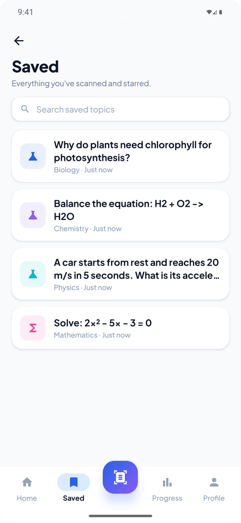 LearnSnap AI saved topics screen listing scanned questions by subject with search