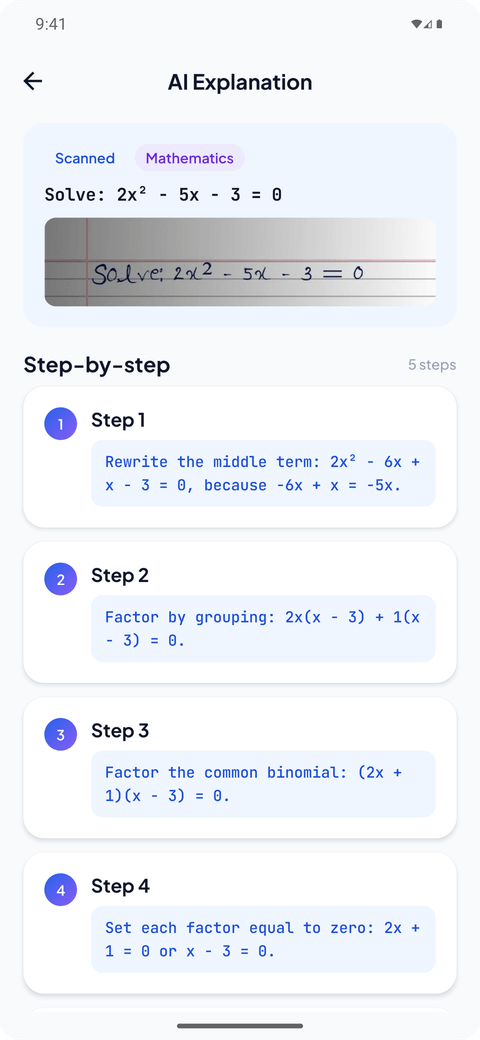 LearnSnap AI explanation screen showing a scanned math question broken into a numbered, step-by-step solution